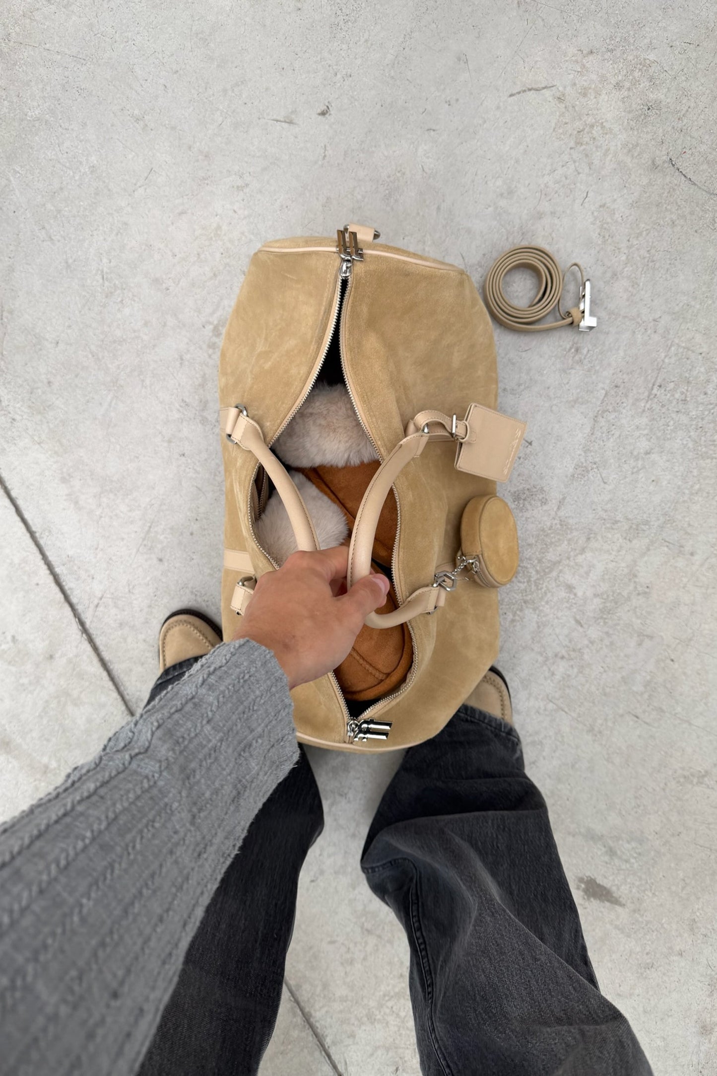Suede Ecru Duffle Bag